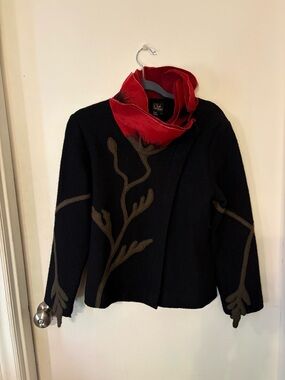 Black Wool Blend Women's Sweater Jacket with Red Collar